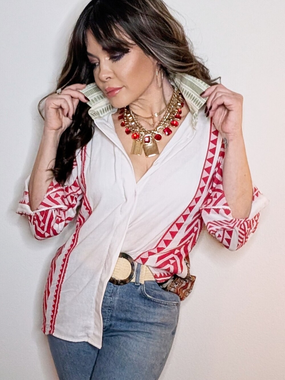 Organic Cotton Tribal Patterned Button-Down Shirt with Contrast Collar Sz L
